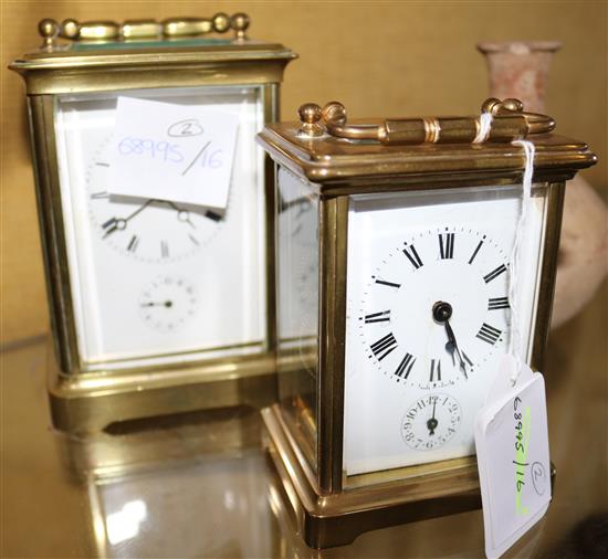 Two 19th century French brass eight day carriage timepieces